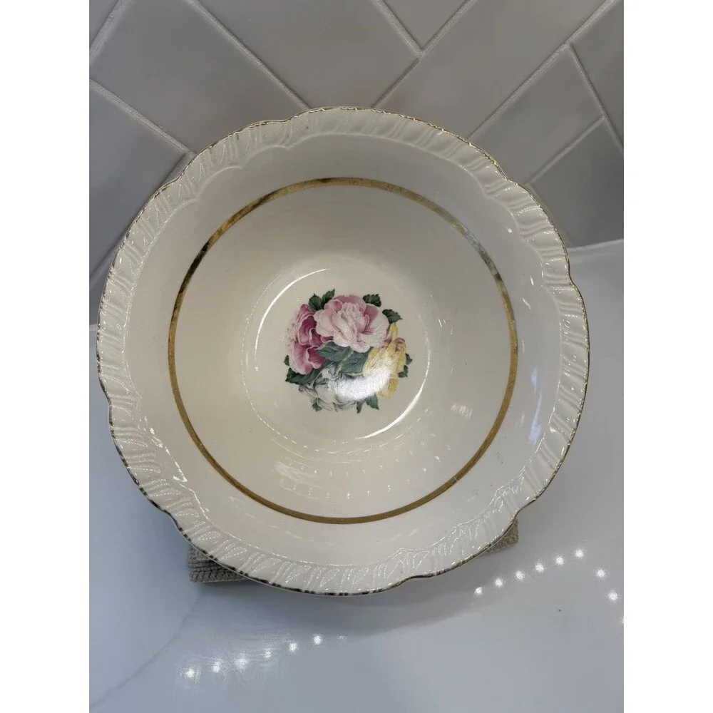 5 Piece Vintage American Limoges Janis R132 22k Gold Serving Bowl,  Plate-3 bowl